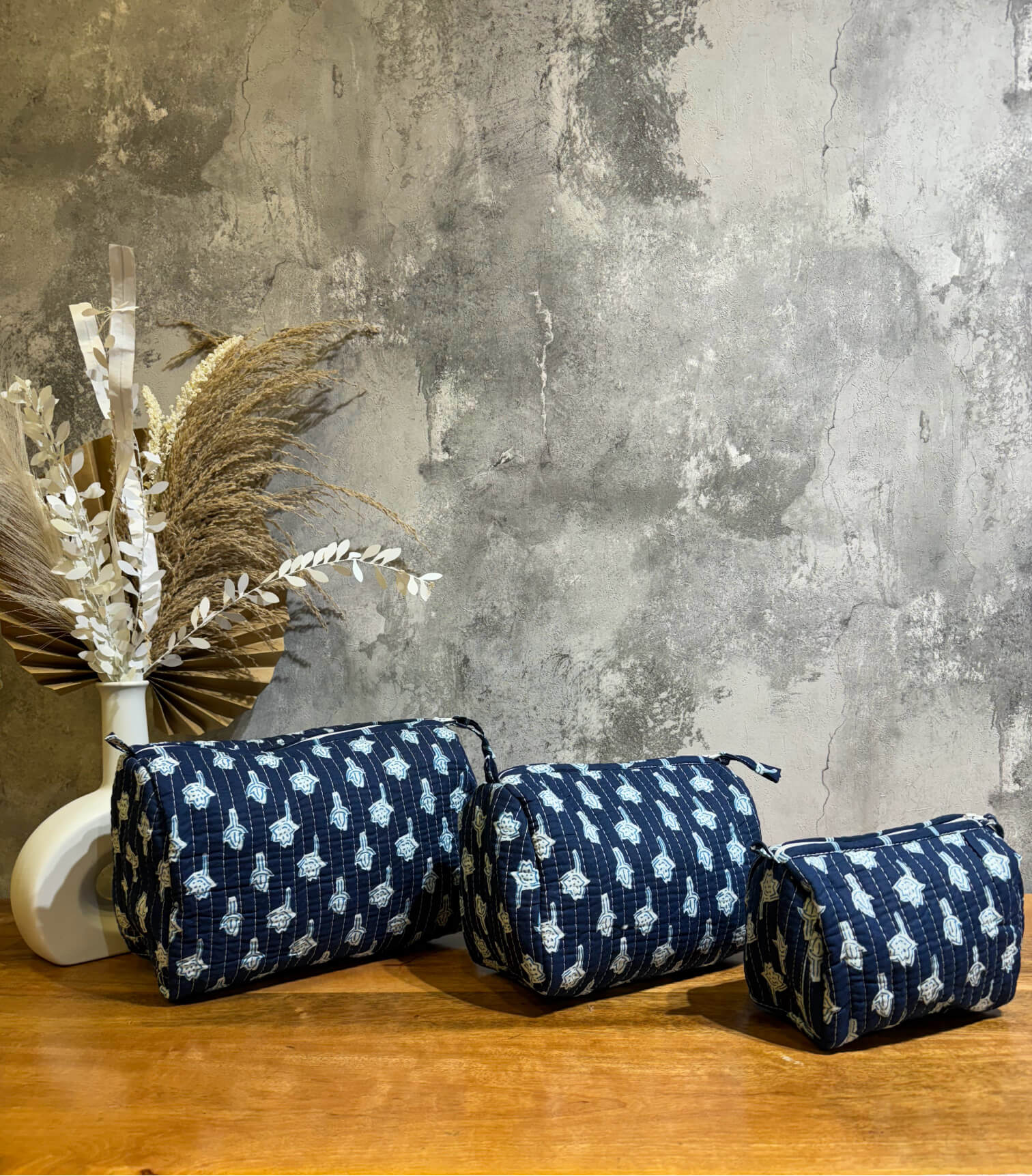 Set of 3 Block Printed Toiletry Bags / Pouches