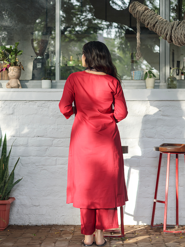 Co-ord Set of 2 - Maroon Top & Pant With Hand Embroidery