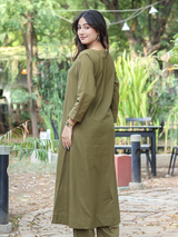Co-ord Set of 2 - Olive Top & Pant With Hand Embroidery