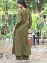Co-ord Set of 2 - Olive Top & Pant With Hand Embroidery