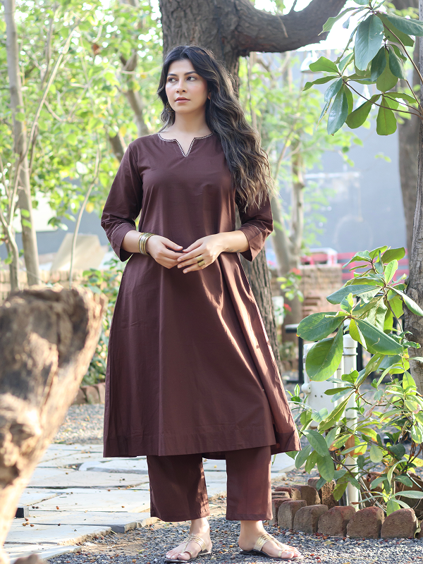 Co-ord Set of 2 - Brown Top & Pant With Hand Embroidery