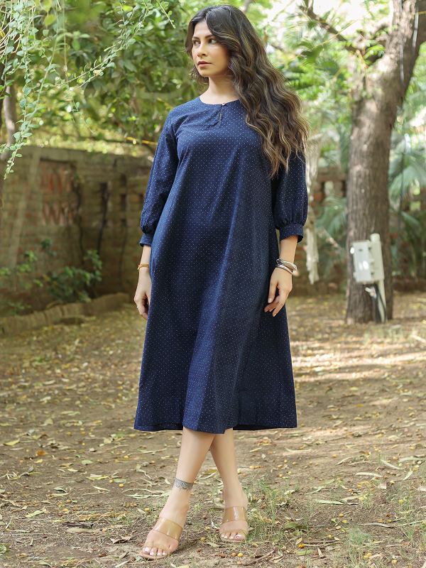 Ajrakh Indigo-Green Polka Dot Dress