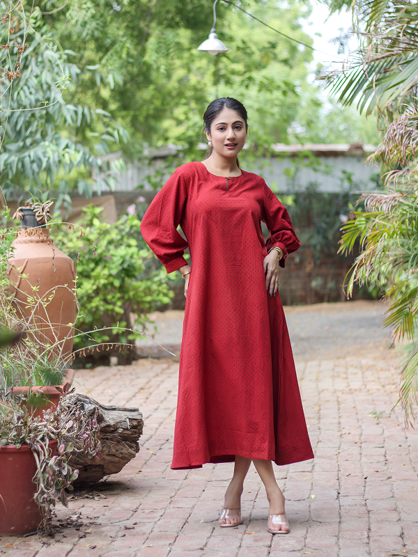 Ajrakh Red-Black Polka Dot Dress