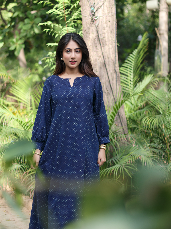Ajrakh Indigo-Evory Polka Dot Dress