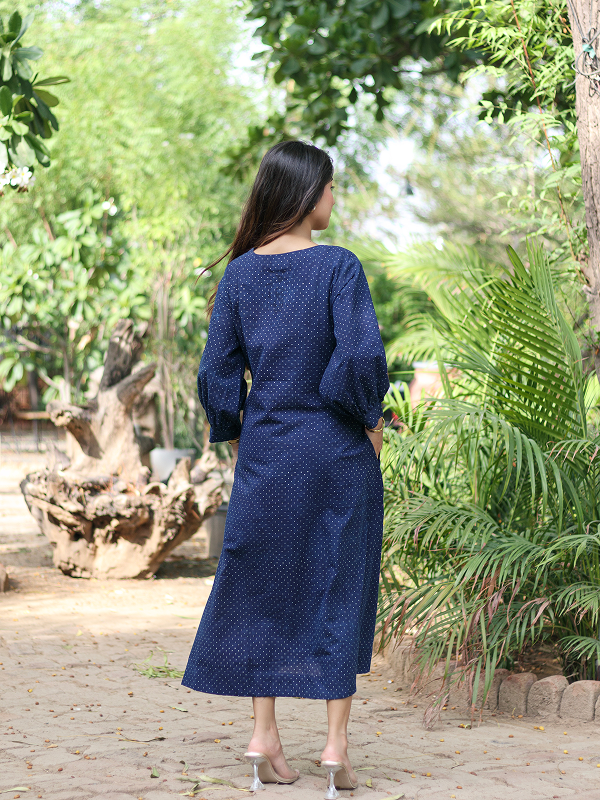 Ajrakh Indigo-Evory Polka Dot Dress