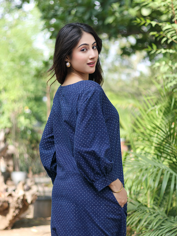 Ajrakh Indigo-Evory Polka Dot Dress