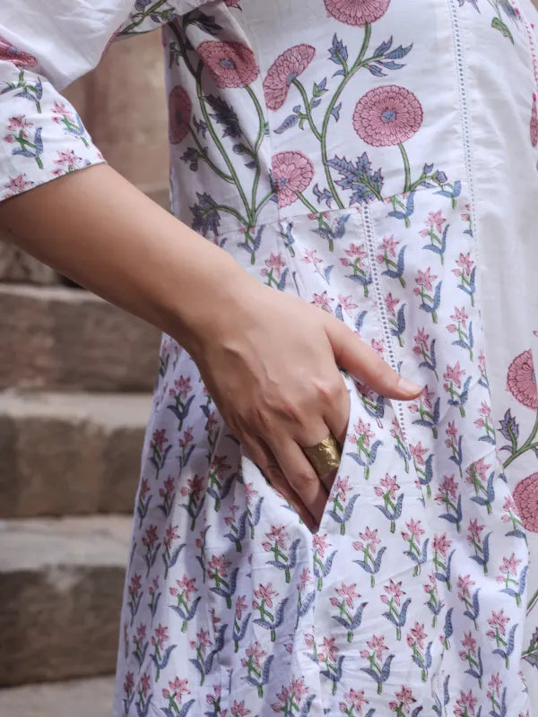 Chitrang – White Floral Printed Kurta Set with Mauve Pants