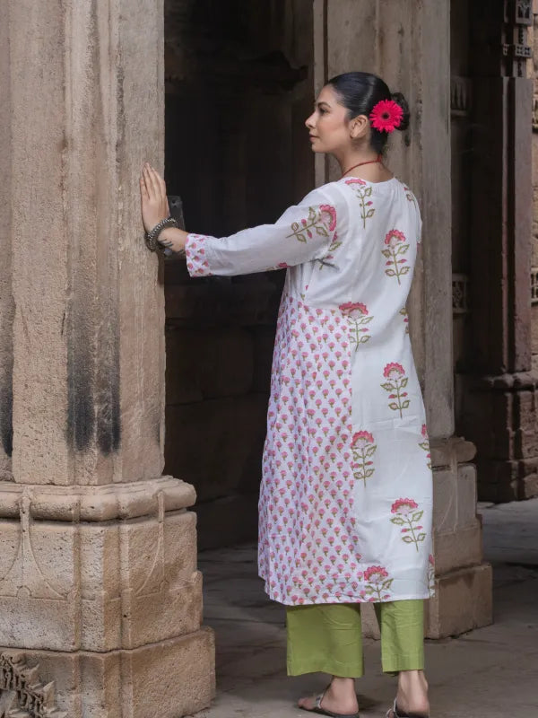 Chitrang – White Floral Printed Kurta Set with Olive Green Pants