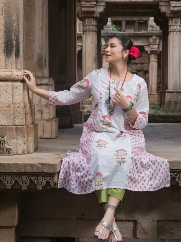 Chitrang – White Floral Printed Kurta Set with Olive Green Pants