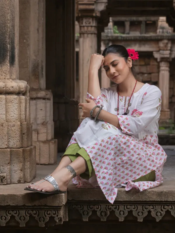 Chitrang – White Floral Printed Kurta Set with Olive Green Pants