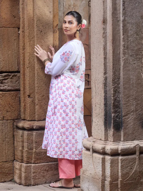 Chitrang – White Floral Printed Kurta Set with Peach Pants