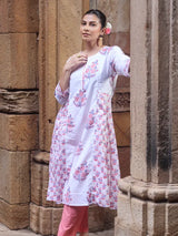 Chitrang – White Floral Printed Kurta Set with Peach Pants