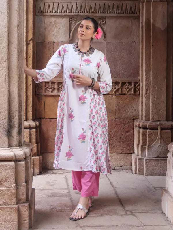 Chitrang – White Floral Printed Kurta Set with Pink Pants