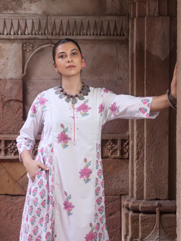 Chitrang – White Floral Printed Kurta Set with Pink Pants
