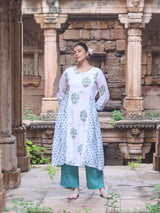 Chitrang – White Floral Printed Kurta Set with Teal Pants