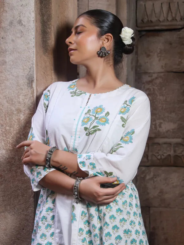 Chitrang – White Floral Printed Kurta Set with Teal Pants