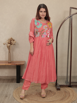 Coral Floral Embroidered Mul Chanderi Kurta Set