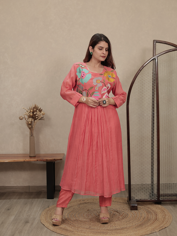 Coral Floral Embroidered Mul Chanderi Kurta Set
