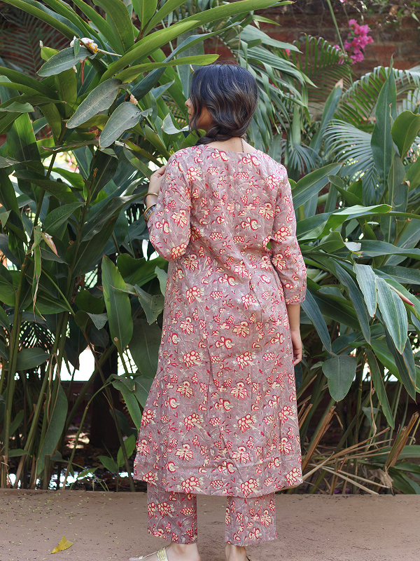 Dusty Mauve and Warm Red Hand Block Co-ord Set