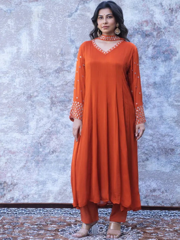 SAFFRON SILK MIRROR WORK KURTA SET