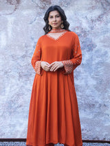 SAFFRON SILK MIRROR WORK KURTA SET