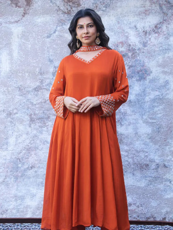SAFFRON SILK MIRROR WORK KURTA SET
