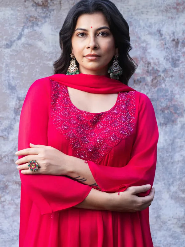 RUBY RED FESTIVE SILK ANARKALI SET