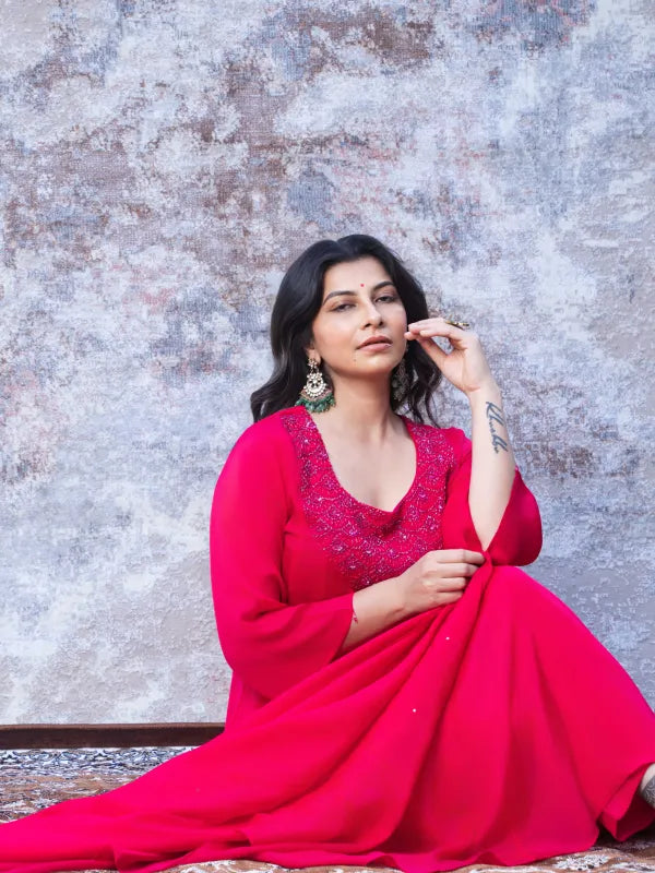 RUBY RED FESTIVE SILK ANARKALI SET