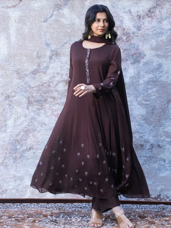 MOCHA BROWN FESTIVE SILK KURTA SET