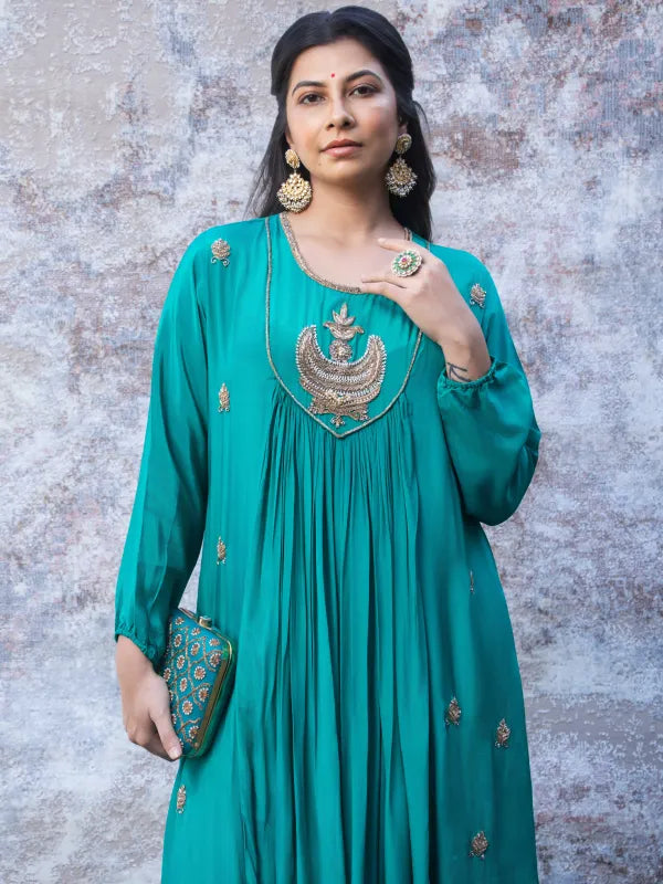 TEAL GREEN SILK KURTA WITH SHARARA