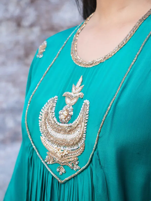 TEAL GREEN SILK KURTA WITH SHARARA