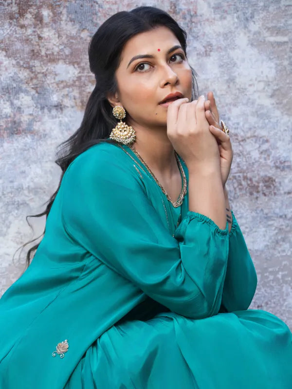 TEAL GREEN SILK KURTA WITH SHARARA