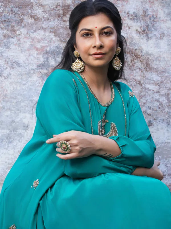TEAL GREEN SILK KURTA WITH SHARARA