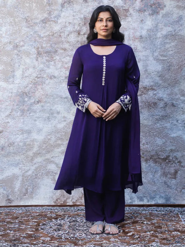 ROYAL PURPLE EMBROIDERED A-LINE KURTA SET