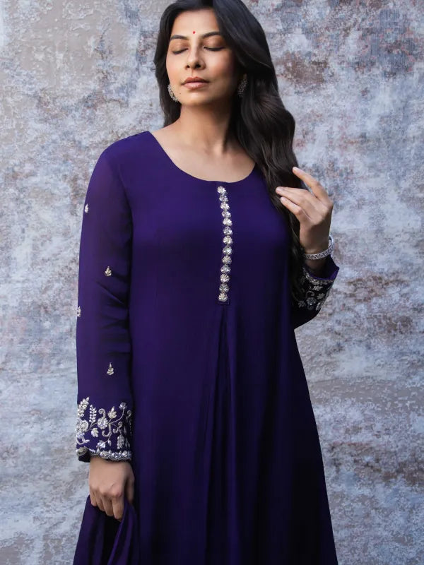 ROYAL PURPLE EMBROIDERED A-LINE KURTA SET