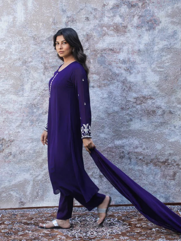 ROYAL PURPLE EMBROIDERED A-LINE KURTA SET