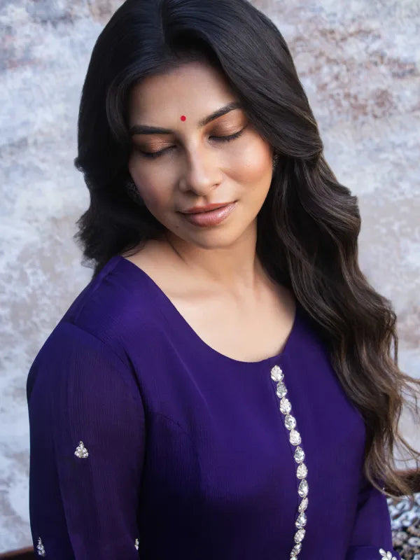 ROYAL PURPLE EMBROIDERED A-LINE KURTA SET
