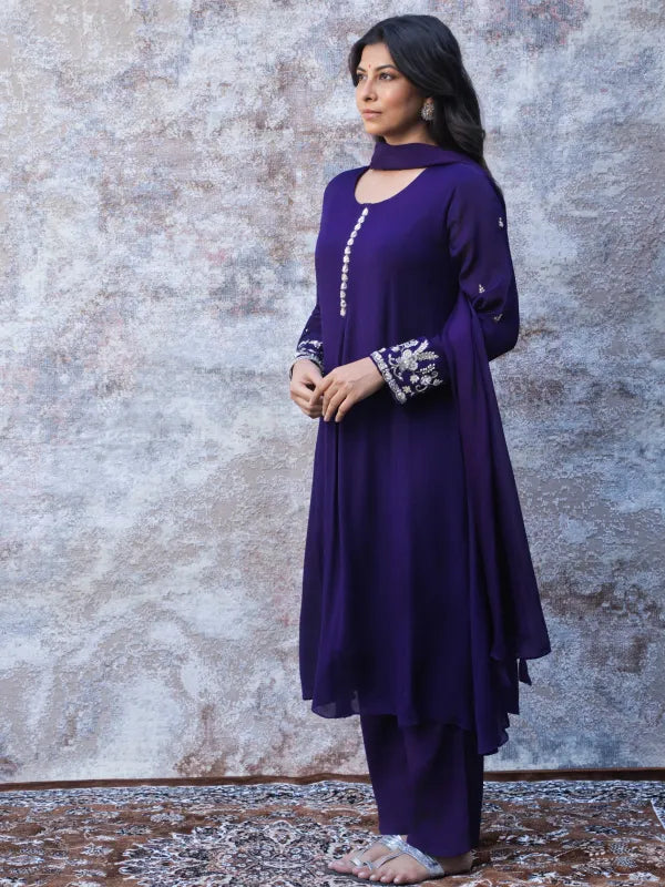 ROYAL PURPLE EMBROIDERED A-LINE KURTA SET