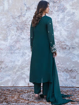 EMERALD GREEN KHAT WORK A-LINE KURTA SET WITH PANT & DUPATTA