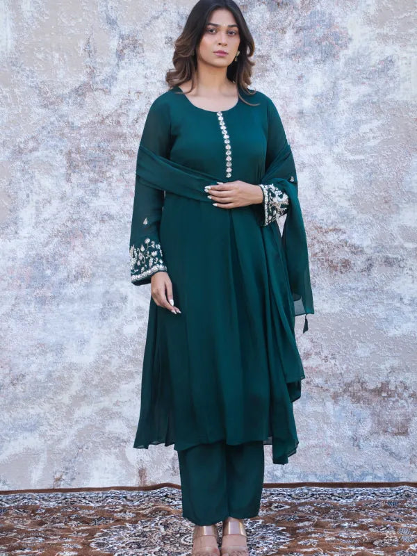 EMERALD GREEN KHAT WORK A-LINE KURTA SET WITH PANT & DUPATTA