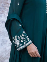 EMERALD GREEN KHAT WORK A-LINE KURTA SET WITH PANT & DUPATTA