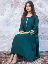 EMERALD GREEN KHAT WORK A-LINE KURTA SET WITH PANT & DUPATTA