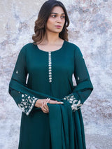 EMERALD GREEN KHAT WORK A-LINE KURTA SET WITH PANT & DUPATTA