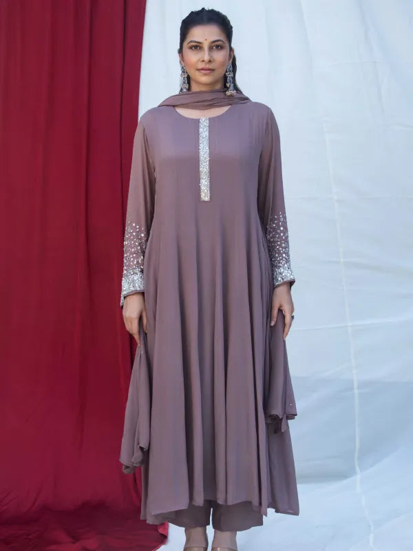 MAUVE ELEGANCE – CHINNON SILK ANARKALI SUIT SET WITH PANT & DUPATTA