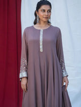 MAUVE ELEGANCE – CHINNON SILK ANARKALI SUIT SET WITH PANT & DUPATTA