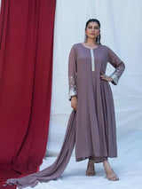 MAUVE ELEGANCE – CHINNON SILK ANARKALI SUIT SET WITH PANT & DUPATTA