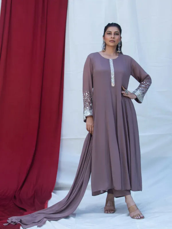 MAUVE ELEGANCE – CHINNON SILK ANARKALI SUIT SET WITH PANT & DUPATTA