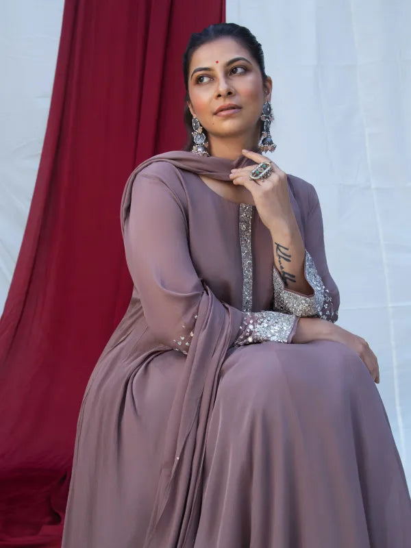 MAUVE ELEGANCE – CHINNON SILK ANARKALI SUIT SET WITH PANT & DUPATTA