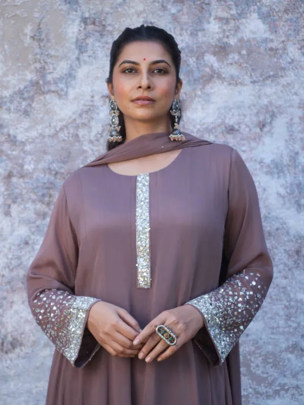 MAUVE ELEGANCE – CHINNON SILK ANARKALI SUIT SET WITH PANT & DUPATTA