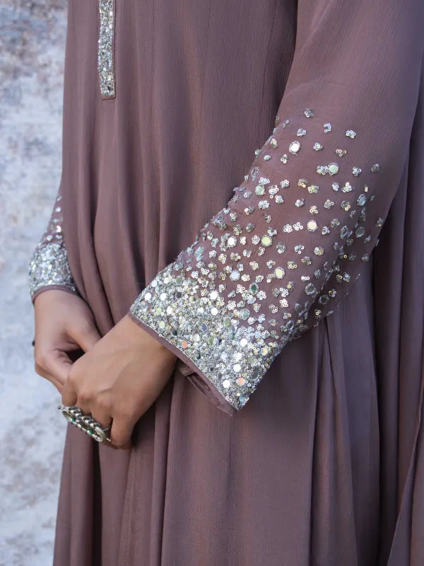 MAUVE ELEGANCE – CHINNON SILK ANARKALI SUIT SET WITH PANT & DUPATTA